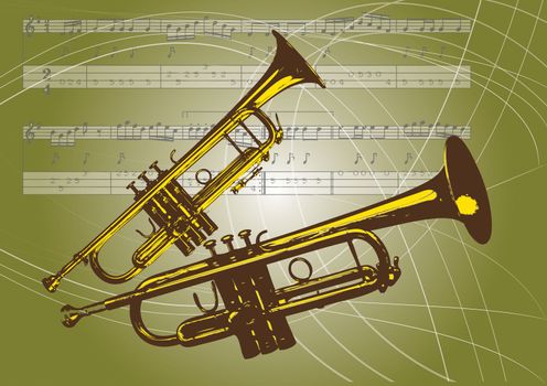 An illustration of a pair of trumpets set on a landscape format background of thin lines and musical notations and musical notes.