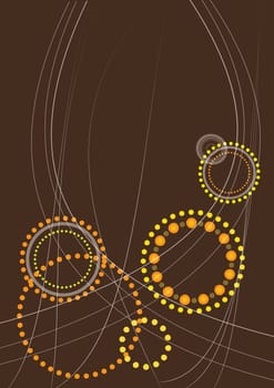 A portrait format abstract pattern with a brown based theme. Thin flowing lines and concentric circles in oranges and yellows. Ideal for background wallpaper use and for hand held device.