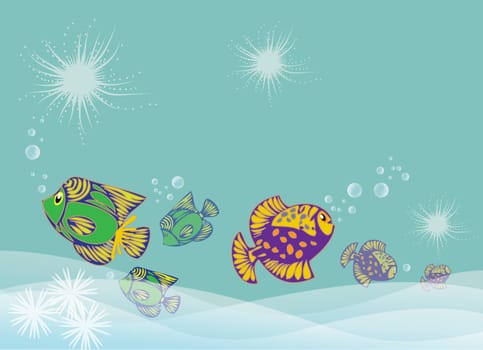 A portrait format illustration of two colourful swimming exotic fish set on a bluey green water background.