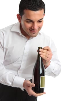 A waiter or servant presenting a bottle of wine.  White background.