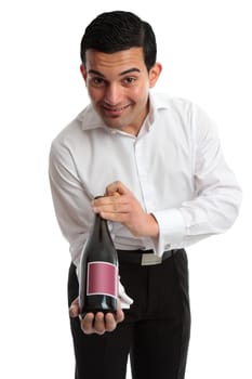 A waiter, servant or bartender presenting or recommending wine and smiling.  White background.