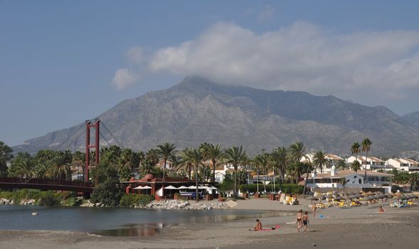 Puerto Banus beach and bridge in Marbella, Spain
