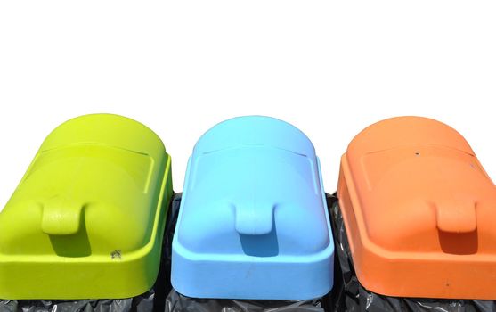 three recycle containers for paper, plastic and cans (isolated on white background)