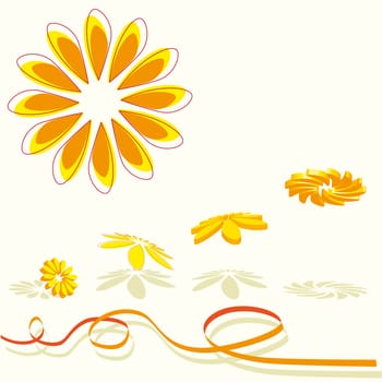 3D flying of a collection of orange flowers with shade and ribbon
