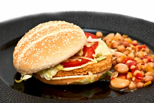 Chicken burger with bean sallad