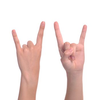 woman hand giving the devil horns gesture (isolated on white background)