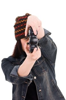 woman gamer with joystick isolated on white background