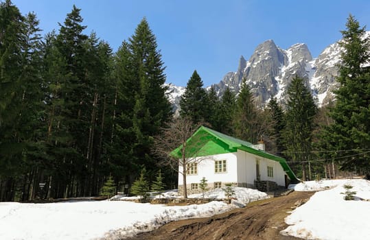 Scenery with shelter in Rila mountains, Bulgaria