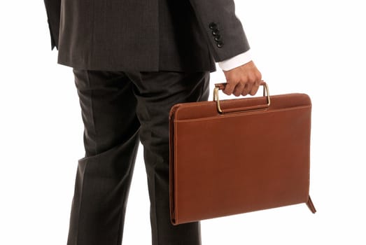 Unrecognizable businessman back with suitcase isolated on white background