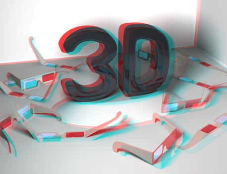 3D design in the center with many stereoscopic glasses in a white room and with a real stereoscopic effect