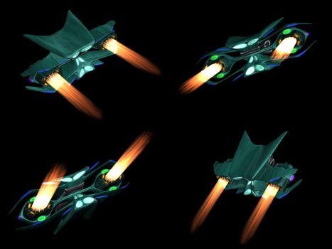 Four back views of an alien space ship on a black background