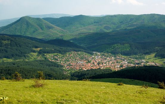 Kotel town and the slopes of Stara Planina mountains, Vida peak at left