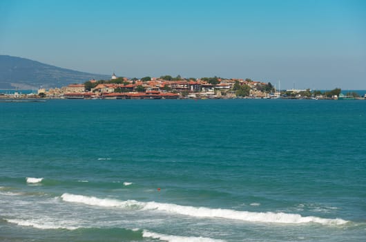 View over the ancient town of Nessebar, Bulgaria, situated on a peninsula at teh Black Sea coast.