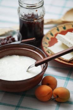 Traditional bulgarian breakfast with yoghurt and feta cheese