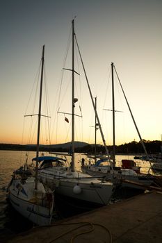 Yachts at sunset at the port of Tsraevo, Bulgaria