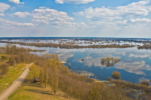 big river Dnepr in spring time, view from above