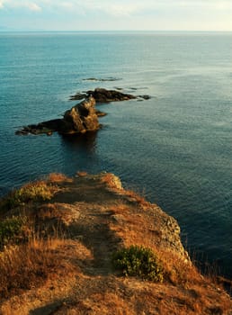 Rocky sea coast in early morning light