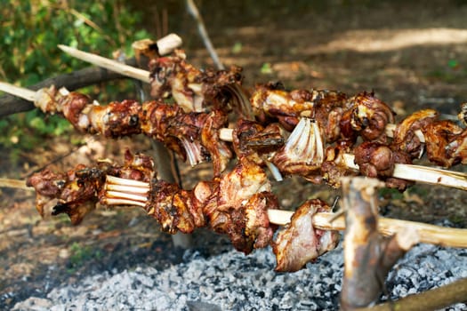 Roasted delicious lamb meat on broach, roasted on open fire