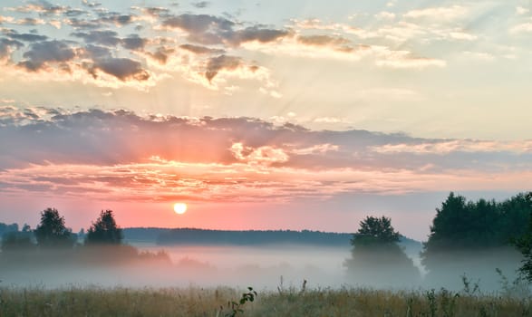 beautiful sunrise cloudscape on field with fog