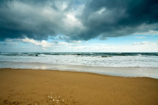 Winter sea with cloudy sky and waves