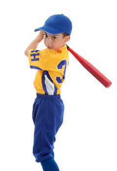 A young boy swings a baseball bat.  White background.