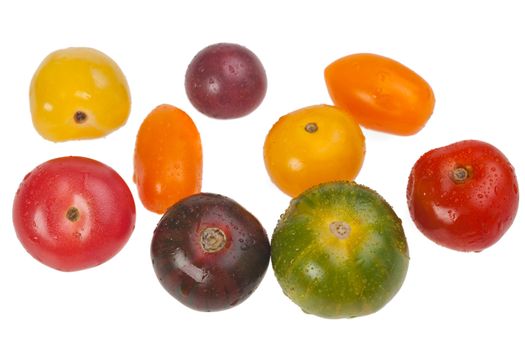 different tomatoes isolated on white background