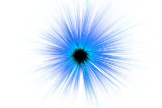 Vibrant blue and cyan colour threads motion blurred towards a black centre with white background