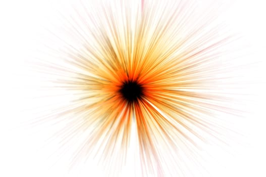 Warm gold and orange colour threads motion blurred towards a black centre with white background
