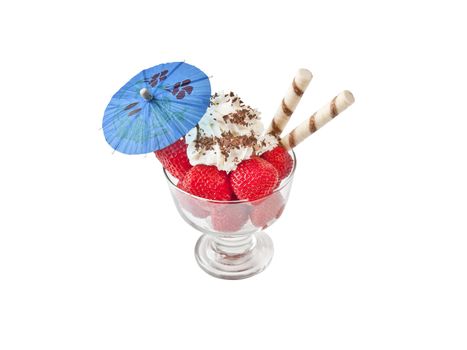  Strawberries with beaten cream topped with grated chocolate in a glass with 