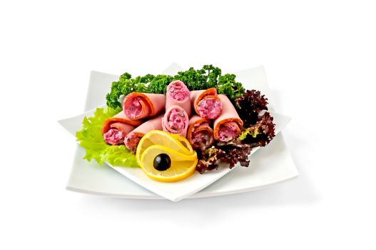 Ham roll with horseradish sauce with herbs and cheese isolated