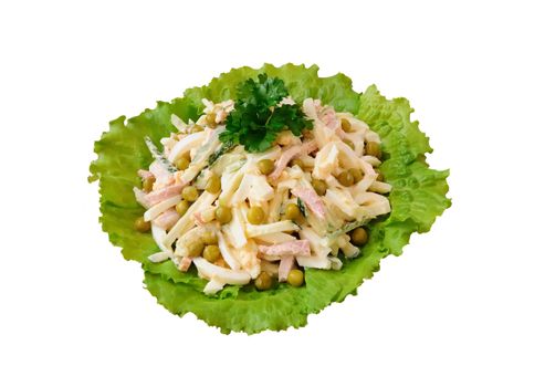 Cucumber salad, eggs, ham, peas in mayonnaise sauce