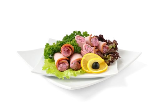 Ham roll with horseradish sauce with herbs and cheese isolated