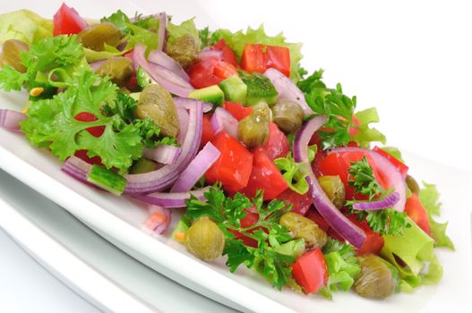 Vegetable salad with capers and herbs close