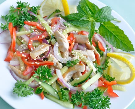 fresh vegetable salad with chicken and sesame