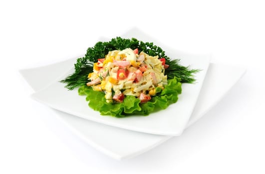 a salad of corn, Chinese cabbage, egg, ham, peppers and mayonnaise