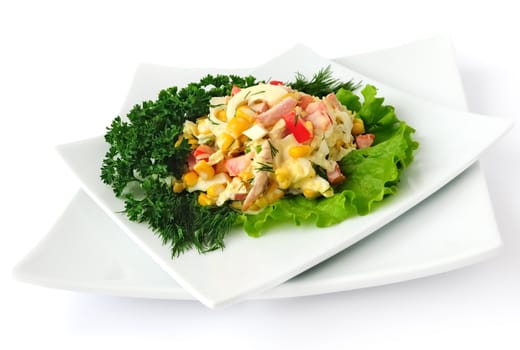 a salad of corn, Chinese cabbage, egg, ham, peppers and mayonnaise