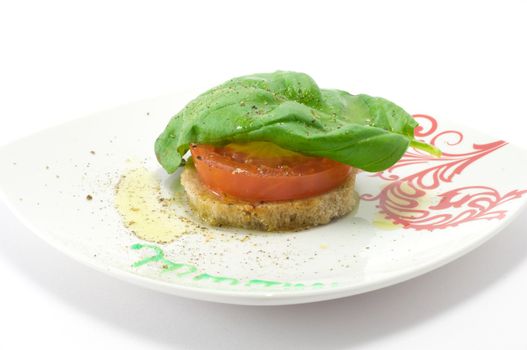 Caprese salad close-up with olive oil green basil and  pepper 