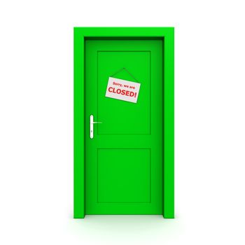 single green door closed with door sign - door frame only, no walls