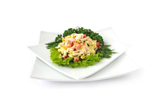 a salad of corn, Chinese cabbage, egg, ham, peppers and mayonnaise