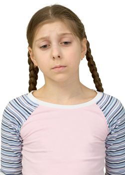 Very sad teenager girl on the white background