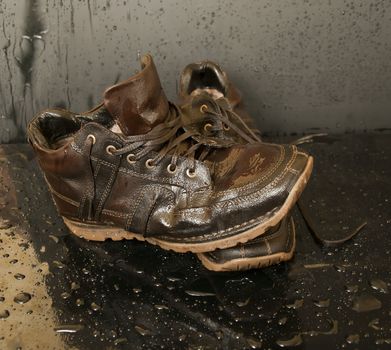 leather shoes, drenched in water, close-up