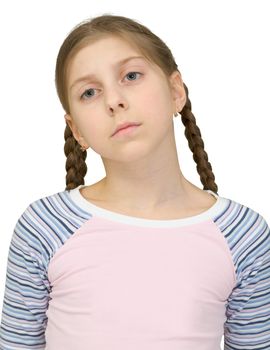Sad teenager girl on the white background