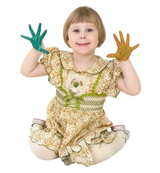 Little girl with multicolored palms on the white