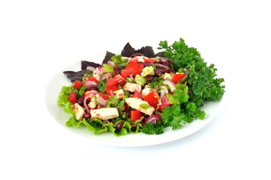 Salad with beans, tomatoes and chicken breast, lettuce, onions in mustard sauce with garlic

