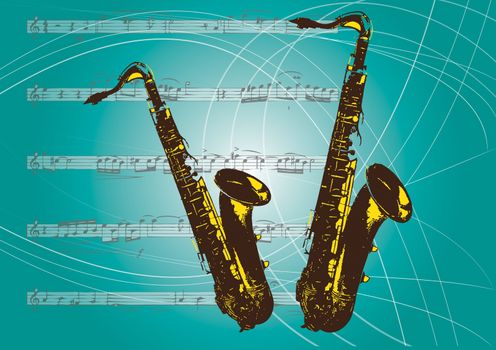 An illustration of a pair of saxaphones set on a landscape format background of thin lines and musical notations and musical notes.