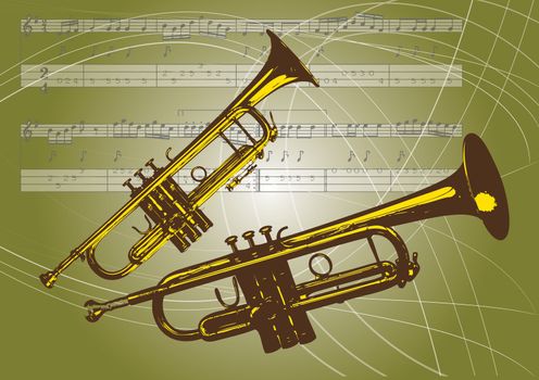 An illustration of a pair of trumpets set on a landscape format background of thin lines and musical notations and musical notes.