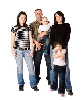 Happy Family with three kids together isolated on white