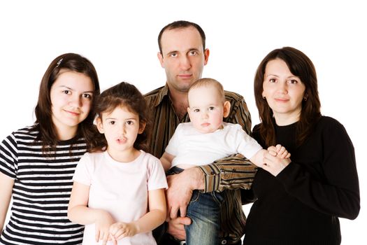 Happy Family with three kids together isolated on white