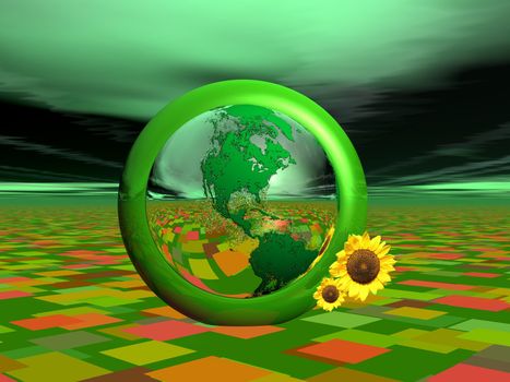 Green earth next to sunflowers and surrounded by colored ground