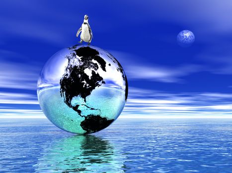 Penguin walking on a earth upon the ocean by deep blue night